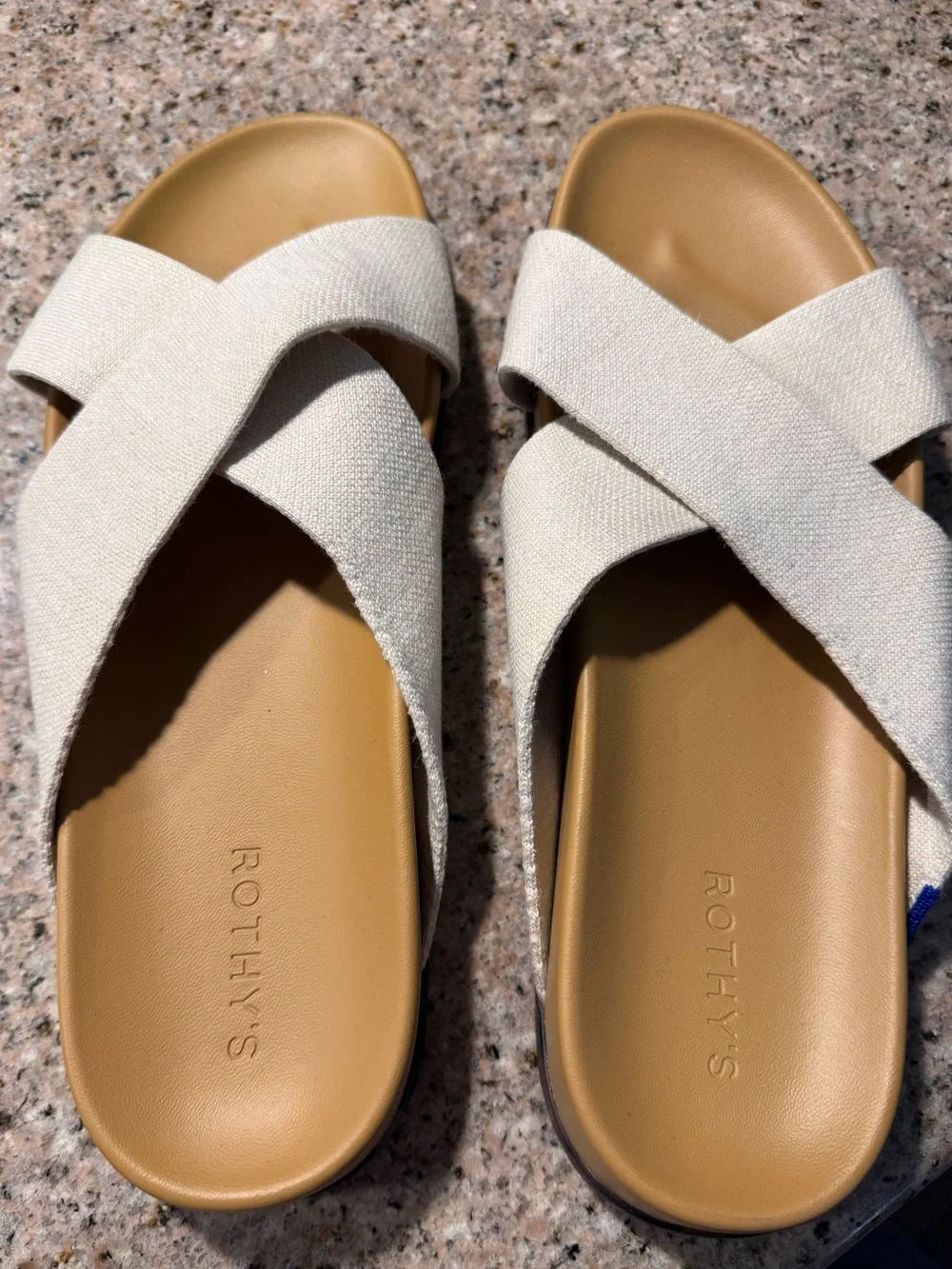 NWOT Rothy's Cream Cross-Strap Slide Sandals with Tan Footbed